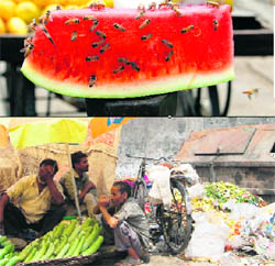Cut watermelon invites bees ; and ( below) vegetables being sold near a garbage dump in Dehradun.