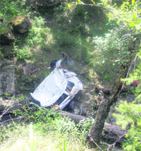 The ill-fated vehicle lying in the gorge after the accident.