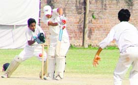 A Chandigarh batsman plays a shot in the match against Ludhiana during the Punjab State Inter-District cricket Tournament being played at MGM Public School at Ludhiana