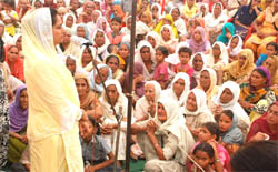 Harsimrat Kaur Badal, the SAD (B) candidate for the Bathinda Lok Sabha seat, addressing an election rally at Mulahan village in Bathinda district on Thursday.