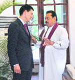 Sri Lankan President Mahinda Rajapaksa, (right), with British Foreign Secretary David Miliband during their meeting on Wednesday. 