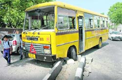 A school bus of Ryan Internationl, Sector 49, lost its balance and went off the road on the dividing road of Sector 45 and 46 near Dev Samaj College for Girls on Friday. No one was there in the bus.