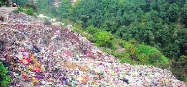 Polythene waste thrown down the slopes of Mussoorie.