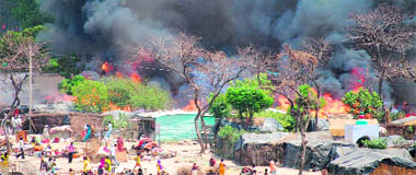 Flames that destroyed 150 slums at Rajiv Gandhi colony in Haridwar on Friday.