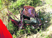 Mangled remains of an Alto car which fell into a gorge, killing seven persons near Kangra on Friday.