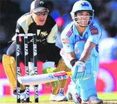 Jean-Paul Duminy of the Mumbai Indians plays a shot against during their IPL Twenty20 match against Kolkata Knight Riders at The Buffalo Park Cricket Stadium in East London on Friday.