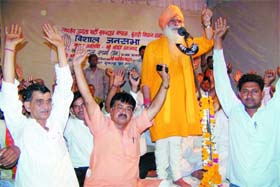 BJPs North East Delhi candidate B. L. Sharma Prem at a rally in New Delhis Burari on Friday night