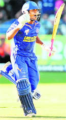 Abhishek Raut of Rajasthan Royals reacts after scoring the winning run.