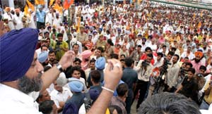 SAD (B) president and Deputy Chief Minister Sukhbir Singh Badal addressing an election rally in Bathinda on Sunday. 