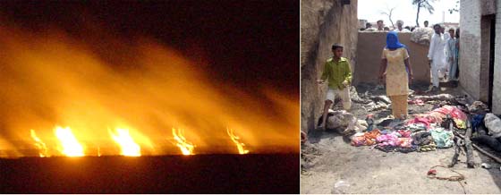 Left: A picture of the raging flames that engulfed houses; A house that was destroyed by the fire. 