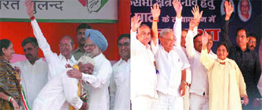 Prime Minister Manmohan Singh blesses West Delhi candidate Mahabal Mishra during an election rally at Hari Nagar in West Delhi.  BSP supremo Mayawati with all party candidates from Delhi at an election rally at Ramlila Ground in New Delhi on Sunday.