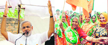 BJP star campaigner and Gujarat Chief Minister Narendra Modi addresses a rally in Sonepat on Sunday; and women at the rally.