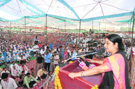 Senior BJP leader Sushma Swaraj addresses an election rally in Sirsa on Sunday.