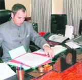 CM Omar Abdullah on the first day in his office at the Srinagar Civil Secretariat, which reopened on Monday after the darbar move from Jammu.