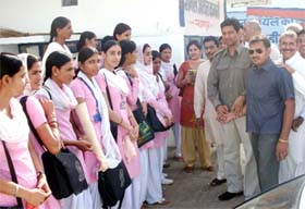 BJP workers led by candidate Nihal Chand Meghwal canvassing among college- going students in Padampur segment