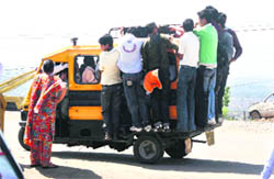 This overloaded auto plies on the outskirts of Jammu, throwing traffic rules to the winds.