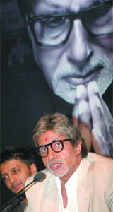 Actors Amitabh Bachchan and Riteish Deshmukh at a press meet to promote their upcoming film 'Rann' directed by Ram Gopal Varma in New Delhi on Tuesday.