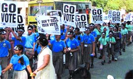 Making people aware of their voting right, students of Woodlands Overseas School hold a procession at a market in Hoshiarpur on Wednesday