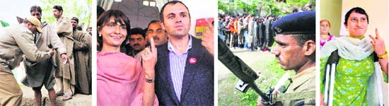 (From left) A security man frisks a voter outside a polling station at Kangan in Srinagar on Thursday; Elated CM Omar Abdullah with his wife Payal after casting votes; Voters await their turn outside a polling booth amidst a strict vigil; and a happy migrant voter after exercising her right to vote in Jammu