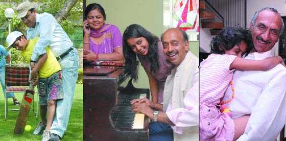 (From left) MP and Congress candidate from New Delhi constituency Ajay Maken plays cricket with his sons at his residence in New Delhi on Friday. Makens rival BJPs Vijay Goel plays the piano with his daughter and wife at his residence. DPCC chief J.P. Agarwal with his granddaughter at his residence