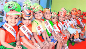 Students of a playschool dressed up as fruits in Ludhiana on Friday.