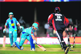 Mumbai Indians Sachin Tendulkar gets run out during their match against Delhi Daredavils at East London in South Africa on Friday.