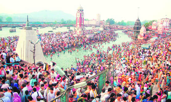 A panoramic view of Har-ki-Pauri in Haridwar, where lakhs of devotees took a holy dip on Saturday.