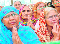 Followers of Dera Sacha Sauda chief Gurmeet Ram Rahim Singh attend his discourse in Ambala Cantt on Saturday.