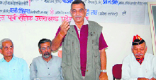 Former union minister KP Singh Deo addresses a meeting of ex-servicemen in Dehradun on Sunday.