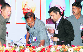 SPG personnel scan the venue of press conference before the Prime Minister’s arrival in Ludhiana on Monday.