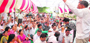 Teachers stage a dharna in front of the office of the Higher Education Commissioner in Panchkula on Tuesday.