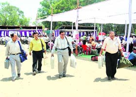 Officials on poll duty depart for their respective areas on Tuesday. Tribune photo: Anil P. Rawat