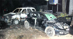The remains of cars that were burnt during a clash at Sohna town near Gurgaon on Monday night.