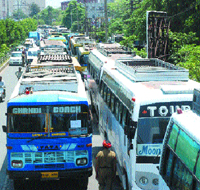 Private buses waiting for poll staff to be ferried to different polling stations a day before the elections in Jalandhar on Tuesday.