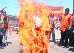Members of the Shiv Sena Hindustan brun an effigy of minister SS Salathia in Jammu on Tuesday