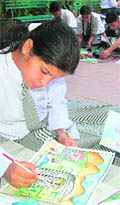 A schoolgirl participates in Shri Devi Singh Memorial Art Competition held at Dehradun on Thursday. More than 20 schools took part.