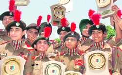 NCC cadets from Haryana, who had attended the R-Day parade earlier this year, after being felicitated by the Governor at Raj Bhawan in Chandigarh on Friday.