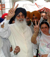 Punjab CM Parkash Singh Badal in an upbeat mood at the Nurmehal party office.