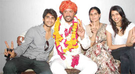 Faridabad MP Avtar Singh Bhadana with his family after being re-elected from the constituency.