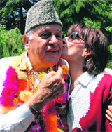 NC president Farooq Abdullah being greeted by his daughter-in-law Payal Abdullah after he won the Lok Sabha seat in Srinagar on Saturday.