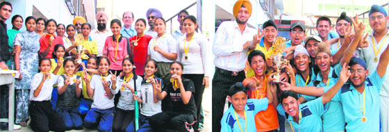 Winners of softball tournament: Teja Singh Swatantar Memorial Senior Secondary School in girls’ section; and (right) Guru Nanak International Senior Secondary School in boys’ section in Ludhiana on Saturday.