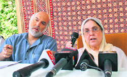 Awami National Conference president Khalida Shah and her son, Muzaffar Shah, address a press conference in Srinagar on Sunday.