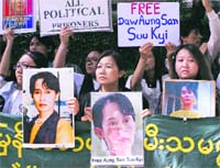 Protesters in support of Myanmars detained opposition leader Aung San Suu Kyi hold a rally calling for her release outside the Myanmar embassy in Tokyo on Monday. 