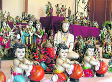 Idols of deities made of terracotta displayed at an exhibition in Ludhiana on Tuesday.