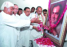 RAJIV REMEMBERED: DPCC chief Jai Prakash Agarwal with Chaudhary Prem Singh, Ramesh Kumar and Mahabal Mishra pays tribute to former Prime Minister Rajiv Gandhi on his 18th death anniversary at DPCC office in New Delhi on Thursday. 