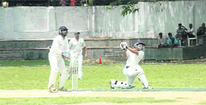 A batsman plays his shot during the Uttaranchal Gold Cup in Dehradun on Thursday.