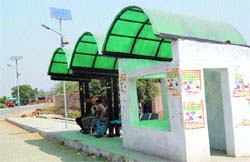 Solar lights and a beautiful bus stop covered with coloured fibre sheets at Rajatal village, near the Indo-Pak border and on the Attari-Chhabal road