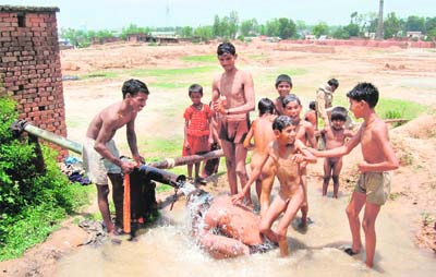 Children of labourers at a brick kiln near Dehradun bathe in a tubewell.