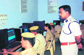Cops take an online test in Fatehabad.