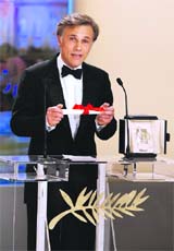 Austrian actor Christoph Waltz gives a speech after receiving his Best Actor award for the film Inglourious Basterds